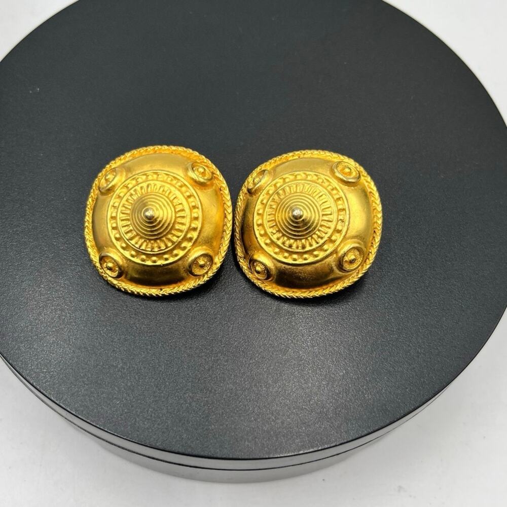 Gold Tone Domed Vintage Unsigned 80's Etruscan Runway Clip on Earrings